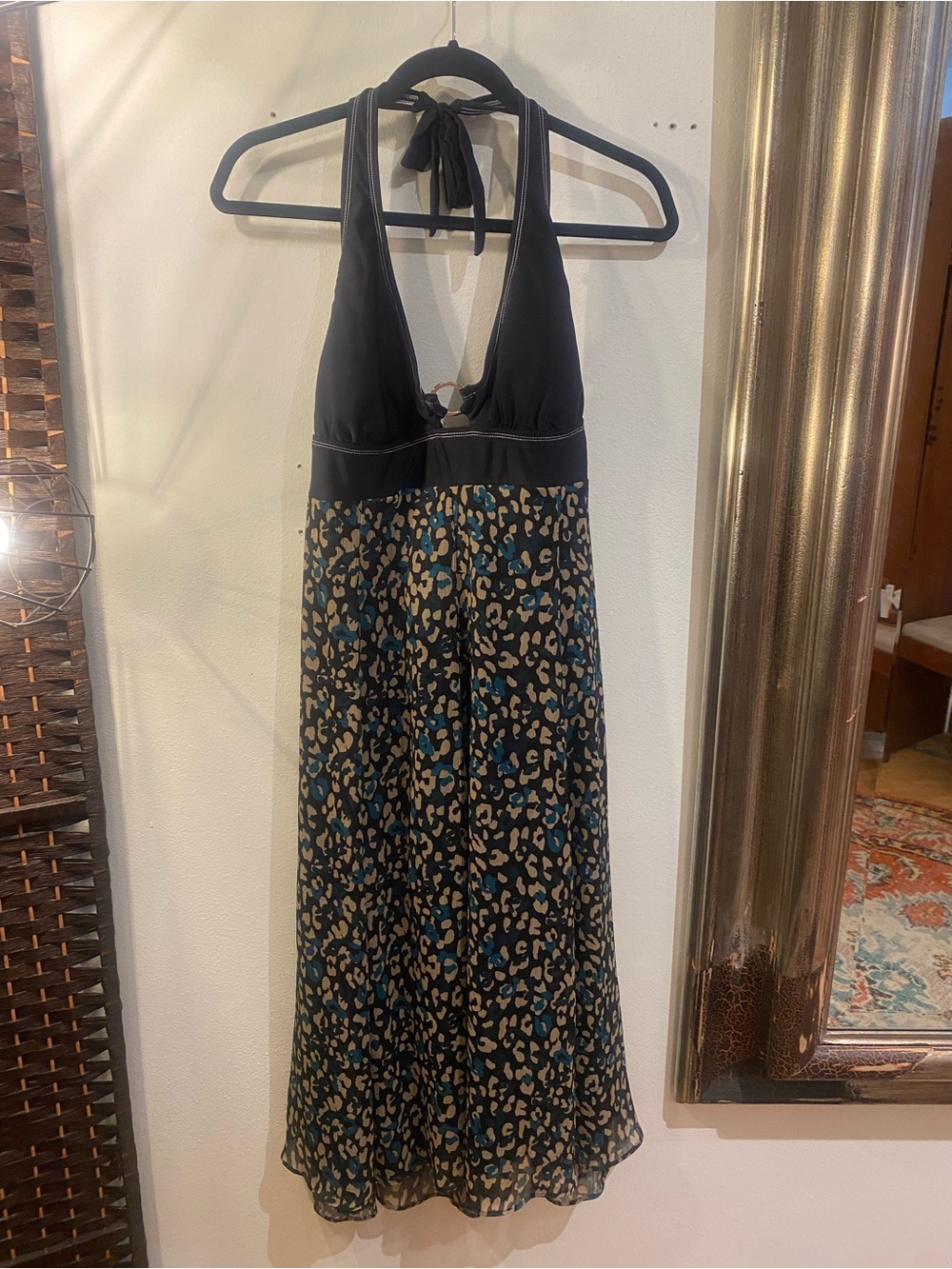 OOAK Upcycled Black Swim top Halter Maxi Dress with Teal and Tan Leopard Print